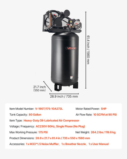 VEVOR 80 Gallons Heavy-Duty Air Compressor 5HP 10 SCFM at 90PSI Oil-Lubricated