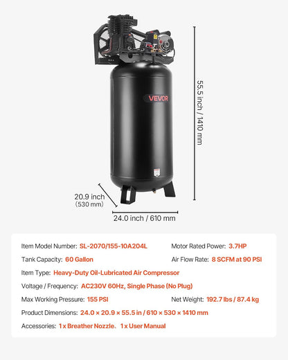 60 Gallons Heavy-Duty Air Compressor, 3.7HP 8 SCFM at 90PSI Air Compressors Max 155PSI Pressure, Oil-Lubricated Compressor Tank for Industrial Manufacturing, Large Workshops (230V 60Hz, No-Plug)
