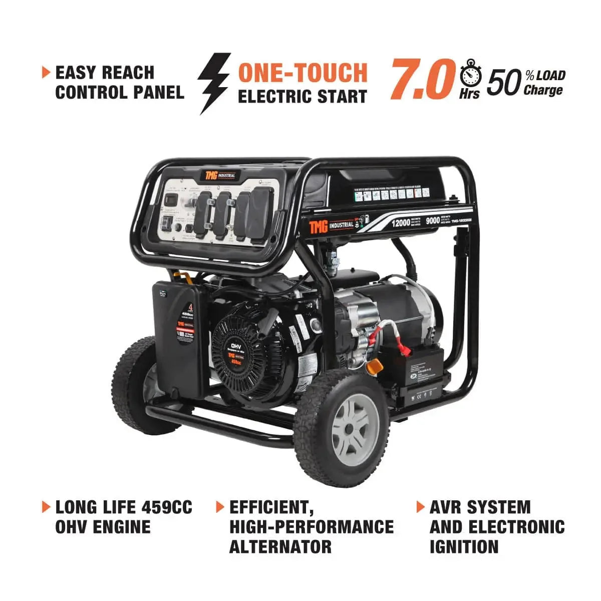 12,000 Watt Gasoline Generator, Electric Start, 7-Hour Run Time, 120V/240VAC, TMG-12000GE