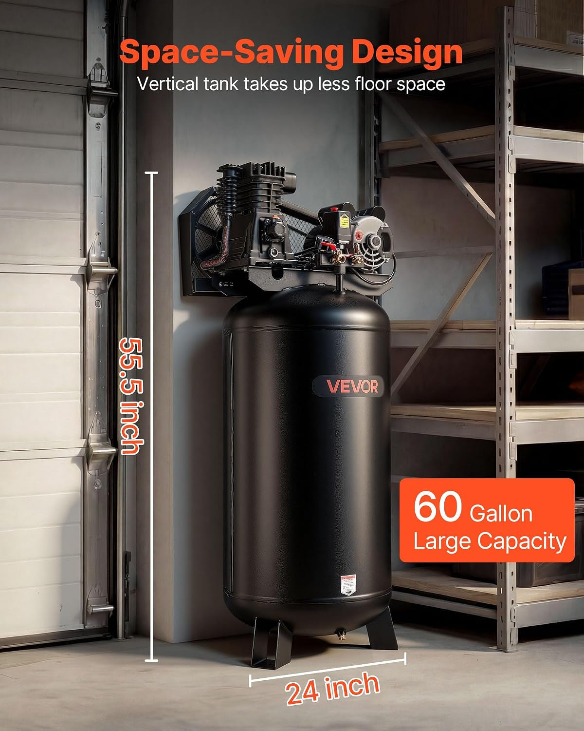60 Gallons Heavy-Duty Air Compressor, 3.7HP 8 SCFM at 90PSI Air Compressors Max 155PSI Pressure, Oil-Lubricated Compressor Tank for Industrial Manufacturing, Large Workshops (230V 60Hz, No-Plug)