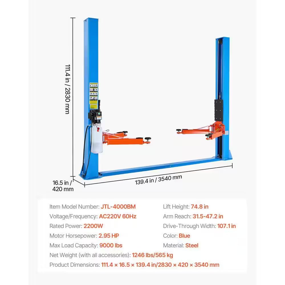 9000 Lbs. Capacity 2-Post Car Lift, 220V 2.95 HP Motor, 74.8-In. Height for Home Garage, Repair Shop and Workshop, Blue