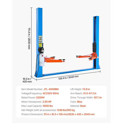 9000 Lbs. Capacity 2-Post Car Lift, 220V 2.95 HP Motor, 74.8-In. Height for Home Garage, Repair Shop and Workshop, Blue