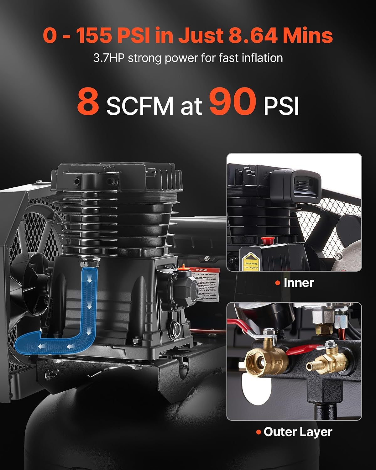 60 Gallons Heavy-Duty Air Compressor, 3.7HP 8 SCFM at 90PSI Air Compressors Max 155PSI Pressure, Oil-Lubricated Compressor Tank for Industrial Manufacturing, Large Workshops (230V 60Hz, No-Plug)