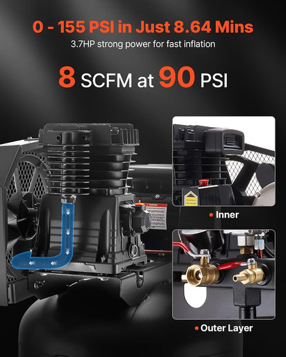 60 Gallons Heavy-Duty Air Compressor, 3.7HP 8 SCFM at 90PSI Air Compressors Max 155PSI Pressure, Oil-Lubricated Compressor Tank for Industrial Manufacturing, Large Workshops (230V 60Hz, No-Plug)