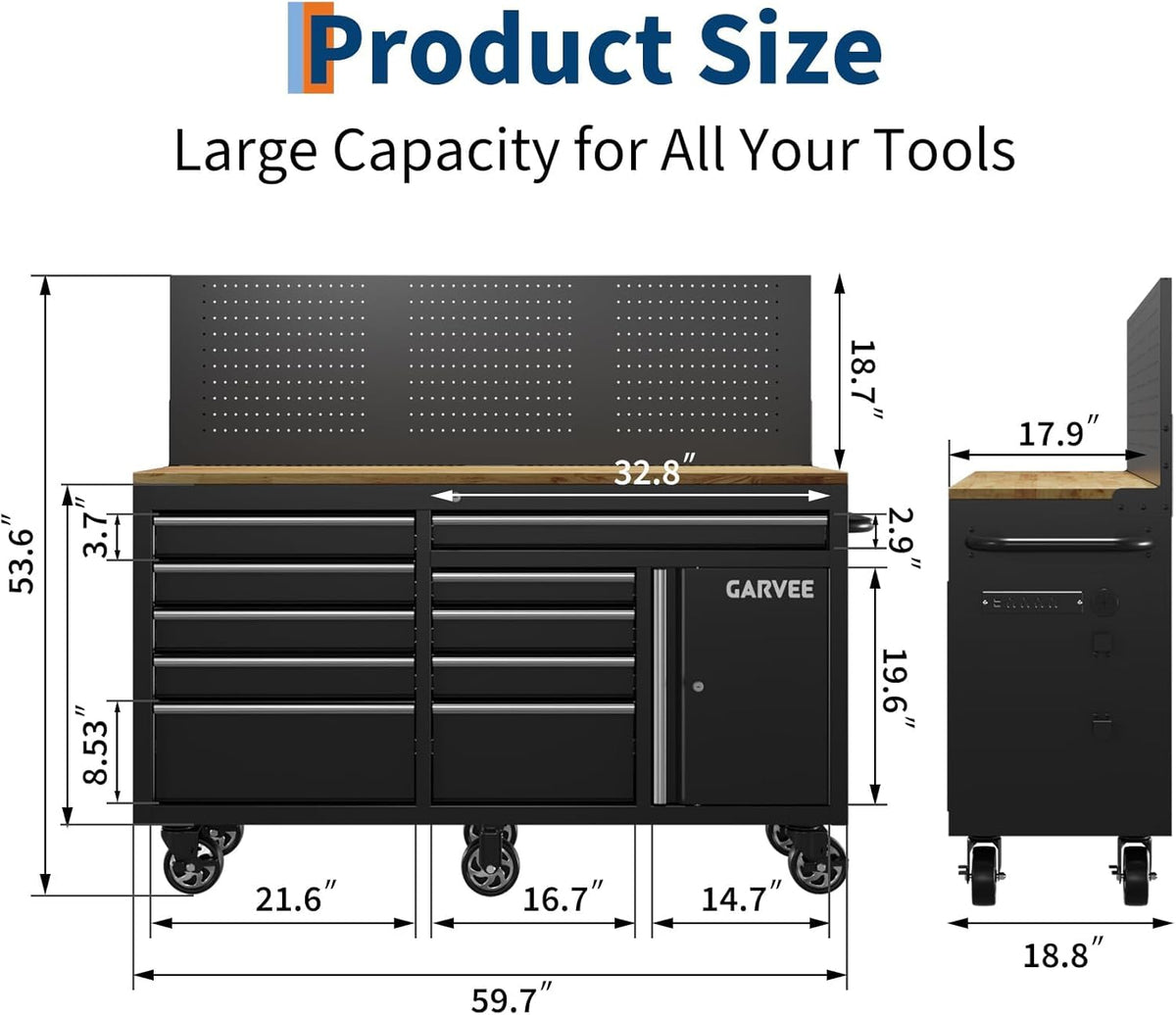 60 in Rolling Tool Chest, 10 Drawers Mobile Garage Tool Cabinet