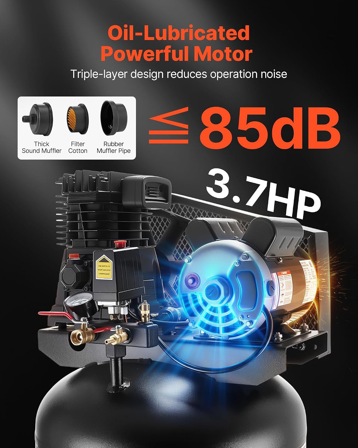 60 Gallons Heavy-Duty Air Compressor, 3.7HP 8 SCFM at 90PSI Air Compressors Max 155PSI Pressure, Oil-Lubricated Compressor Tank for Industrial Manufacturing, Large Workshops (230V 60Hz, No-Plug)