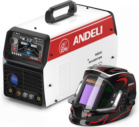 AC/DC Aluminum TIG WELDER with Pulse 110V/220V Dual Voltage TIG Welding Machine with Foot Pedal, 205Amp Cold Welding Machine Large LCD Digital Display TIG-205 PRO with Welding Helmet