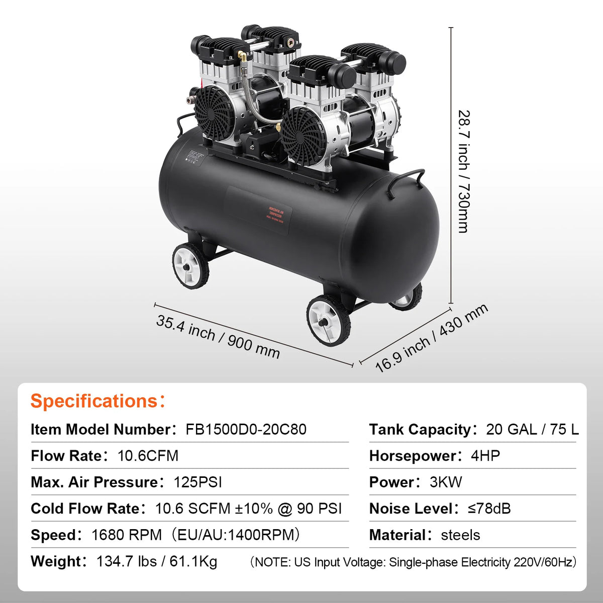 Air Compressor, 20 Gallon Steel Tank, 4HP 10.6 CFM@90 PSI Oil Free Air Compressor & Max. 125PSI Pressure, 78Db Ultra Quiet Portable Compressor, for Auto Repair, Tire Inflation, Spray Painting