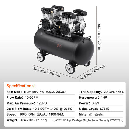 Air Compressor, 20 Gallon Steel Tank, 4HP 10.6 CFM@90 PSI Oil Free Air Compressor & Max. 125PSI Pressure, 78Db Ultra Quiet Portable Compressor, for Auto Repair, Tire Inflation, Spray Painting