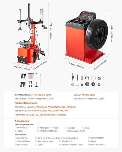 2.0 HP Tire Changer Machine Wheel Balancer Tire Balancer with Tire Bead Seater