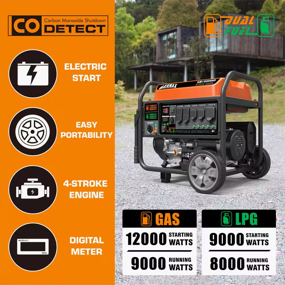 12,000/9000-Watt Electric Start Dual Fuel Gas Propane Powered Generator with 458 CC Engine