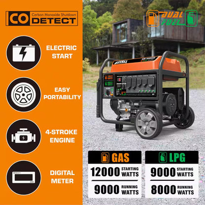 12,000/9000-Watt Electric Start Dual Fuel Gas Propane Powered Generator with 458 CC Engine
