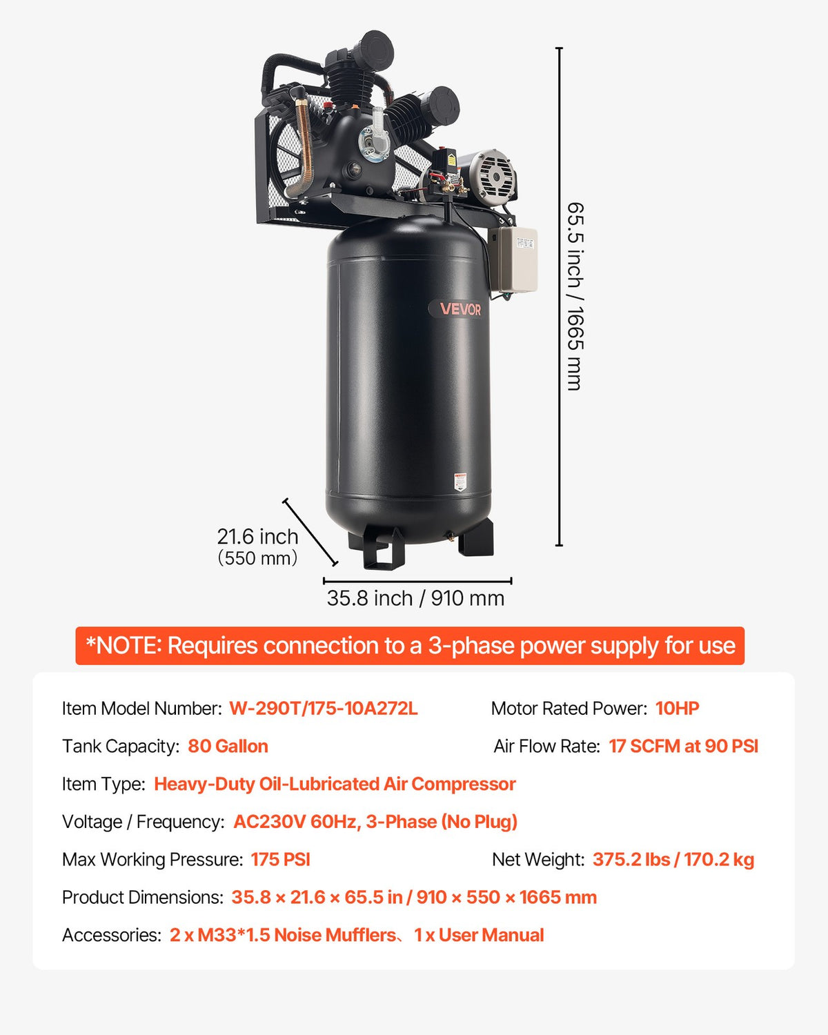 VEVOR 80 Gallons Heavy-Duty Air Compressor 10HP 17 SCFM at 90PSI Oil-Lubricated