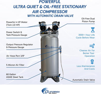 CAT-60040CAD 4.0 HP Ultra Quiet and Oil-Free Air Compressor, 60 Gallon Steel Tank, 75 Dba Noise Level