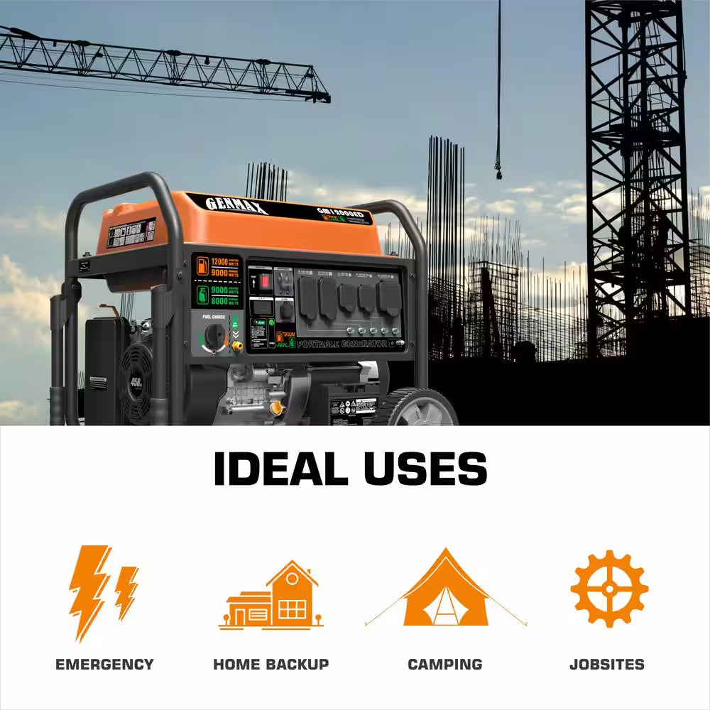 12,000/9000-Watt Electric Start Dual Fuel Gas Propane Powered Generator with 458 CC Engine