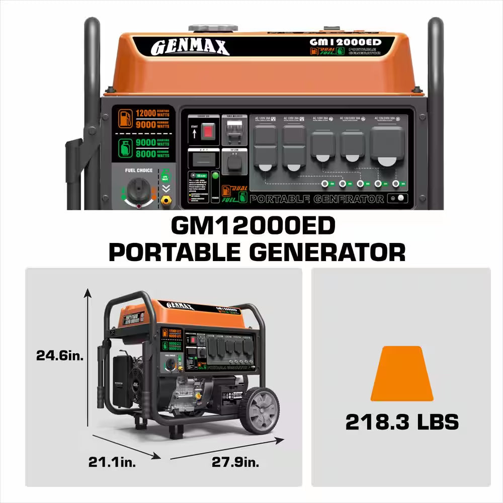 12,000/9000-Watt Electric Start Dual Fuel Gas Propane Powered Generator with 458 CC Engine