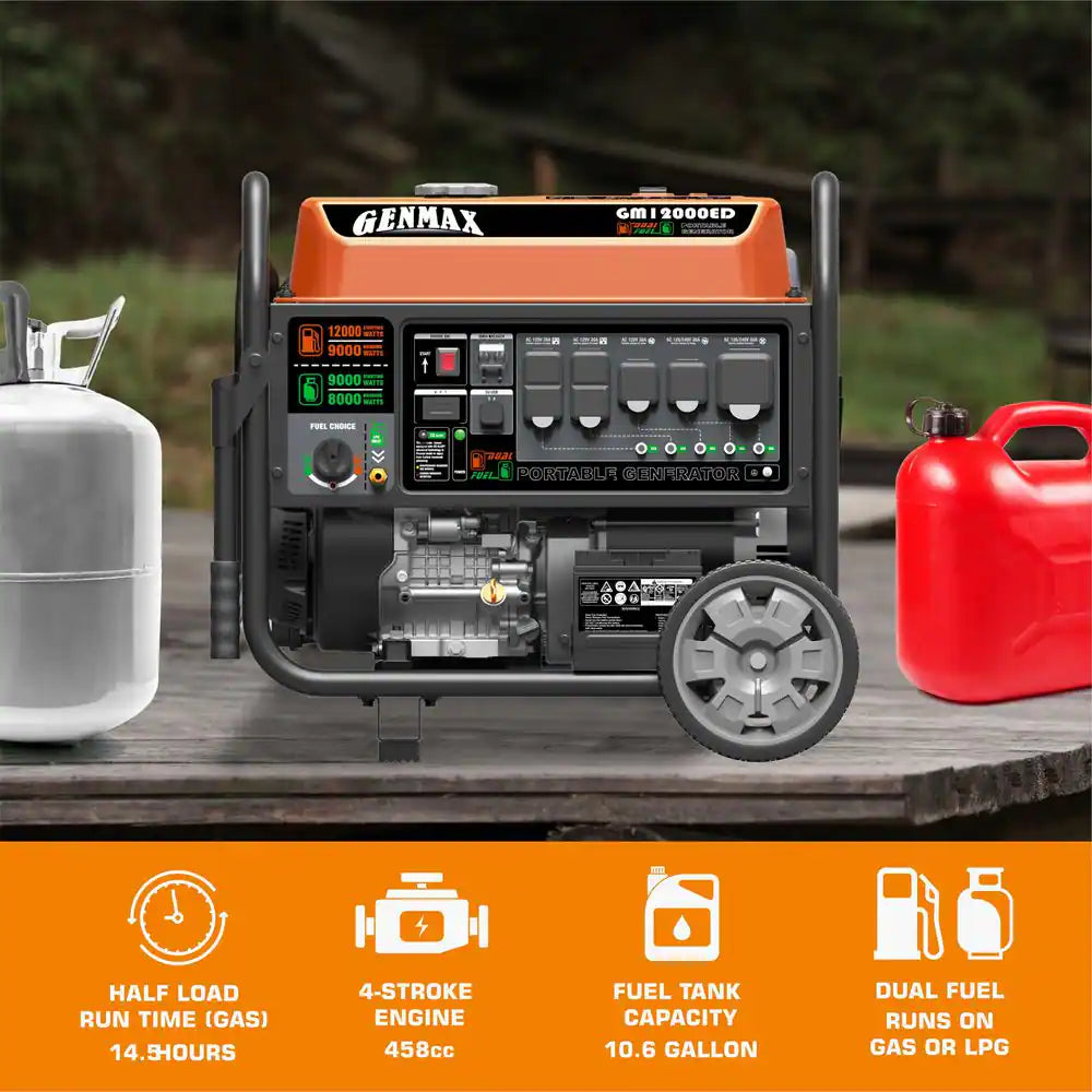 12,000/9000-Watt Electric Start Dual Fuel Gas Propane Powered Generator with 458 CC Engine