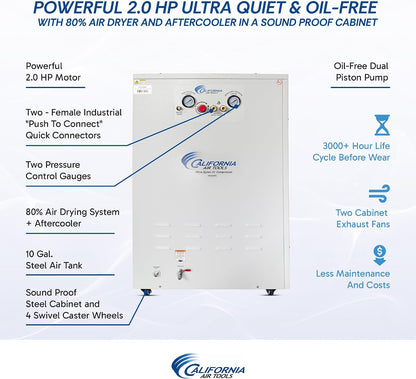 10020DSPC 2.0 HP Ultra Quiet and Oil-Free Air Compressor, 10 Gallon Tank, 58 Db Noise Level, in Sound Proof Cabinet, with 80% Air Dryer and Aftercooler