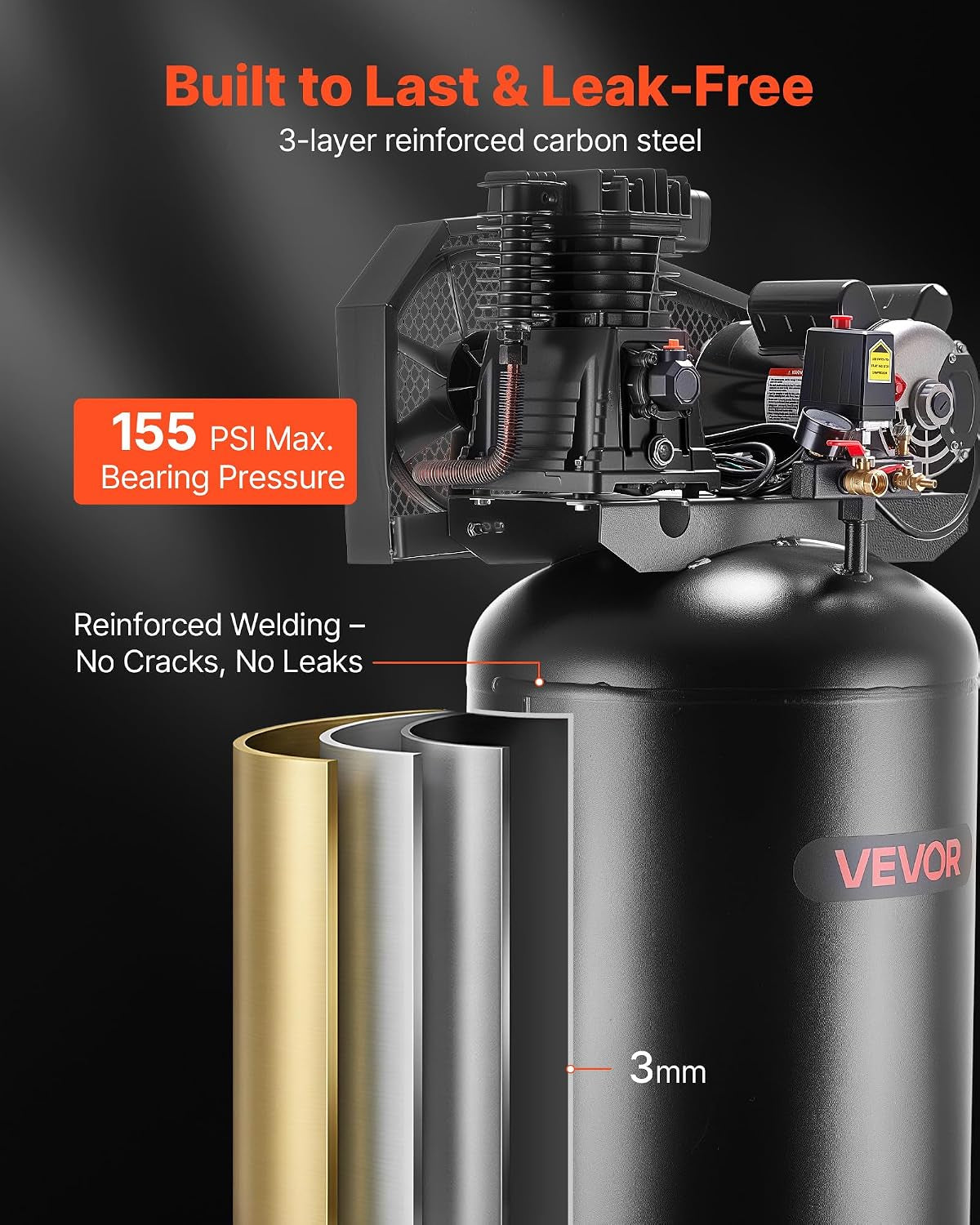 60 Gallons Heavy-Duty Air Compressor, 3.7HP 8 SCFM at 90PSI Air Compressors Max 155PSI Pressure, Oil-Lubricated Compressor Tank for Industrial Manufacturing, Large Workshops (230V 60Hz, No-Plug)